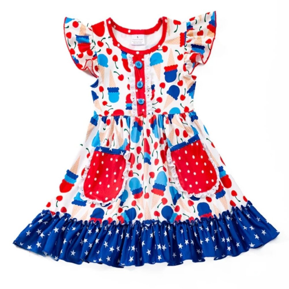 Boutique 4th of July Ice Cream Girls Sleeveless Ruffle Dress